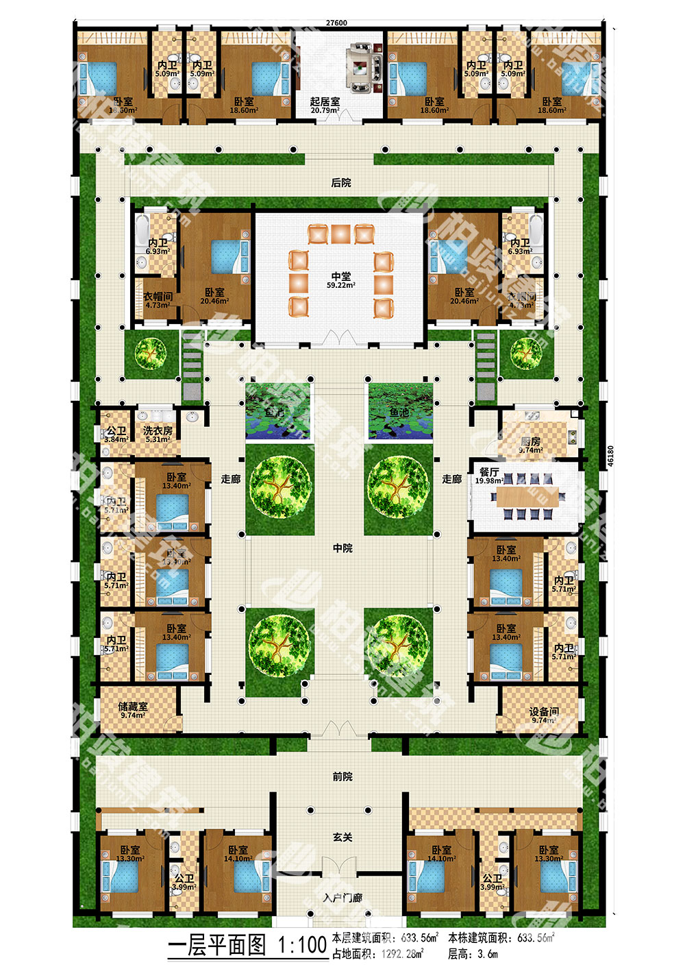 农村自建四合院设计图,三进院落,占地1292㎡,内部15室