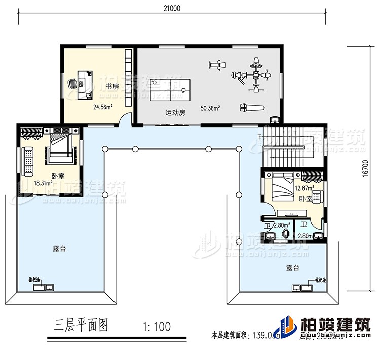 三层：书房，运动房，2卧室，2卫生间，露台