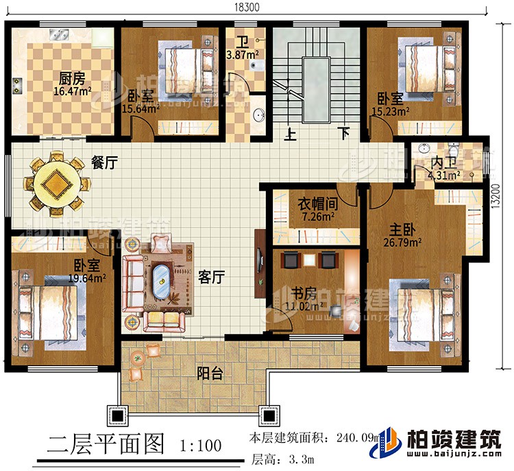 二层：4卧室，客厅，书房，衣帽间，厨房，餐厅，2卫生间，阳台
