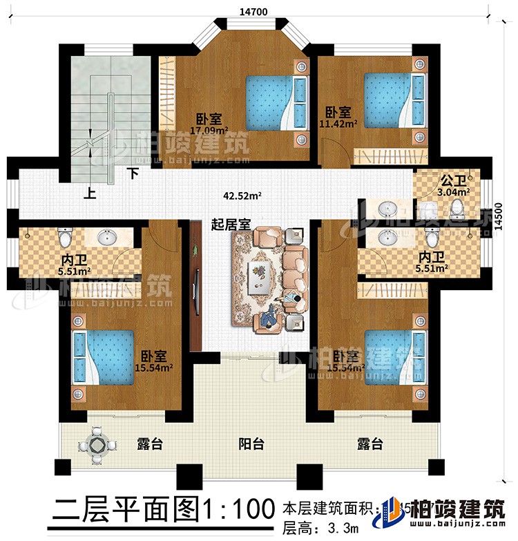 二层：2露台、阳台、4卧室、2内卫、公卫、起居室