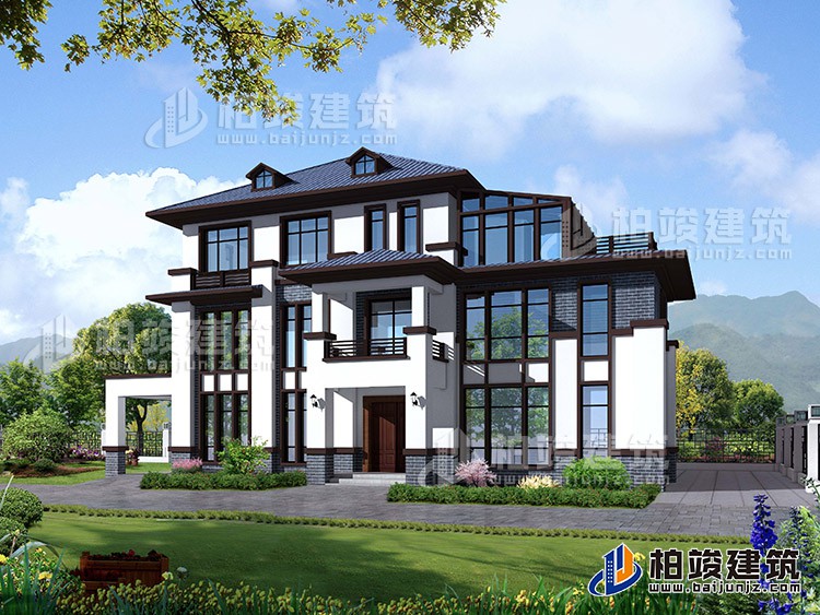 新中式复式三层别墅设计图纸，最美的新中式别墅 带车库BZ366-新中式风格