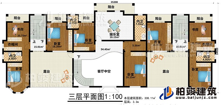 三层：6卧室、2衣帽间、2书房、4内卫、娱乐室、6阳台、2露台、客厅中空