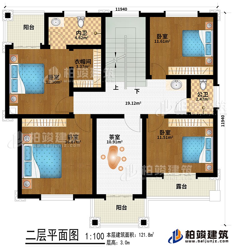 二层：4卧室、衣帽间、茶室、公卫、内卫、2阳台、露台
