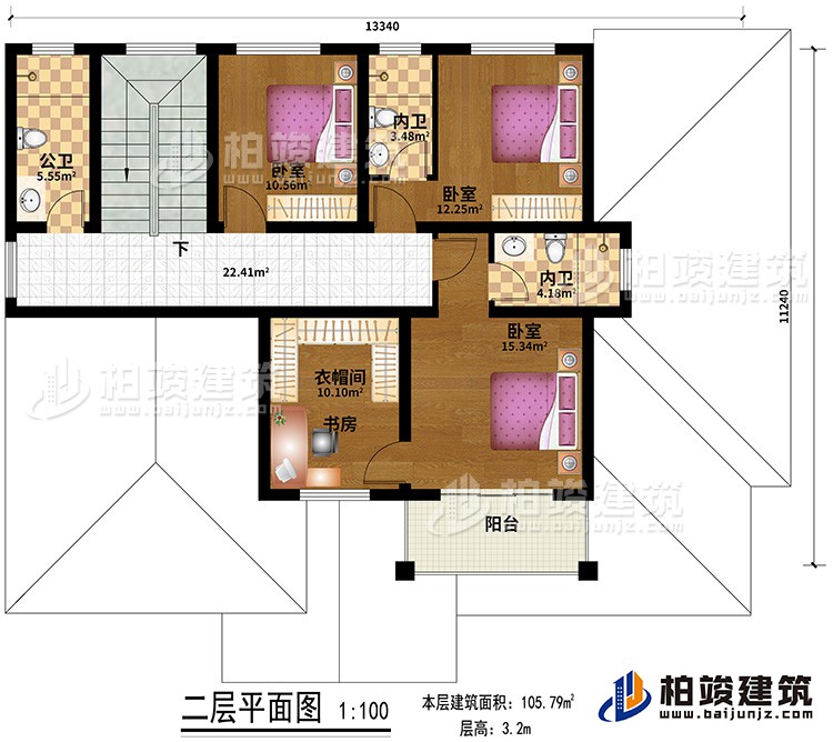 二层：3卧室，3卫，客厅，阳台，衣帽间/书房