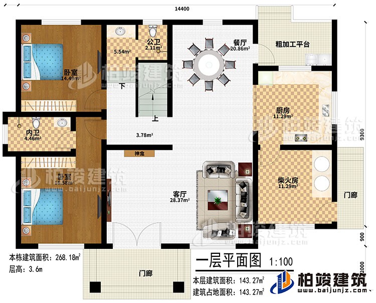 一层：2门廊、客厅、神龛、厨房、柴火房、餐厅、粗加工平台、2卧室、公卫、内卫