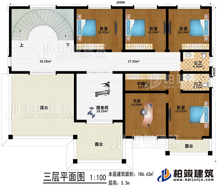 三层：4卧室、健身房、书房、衣帽间、3露台、公卫、内卫