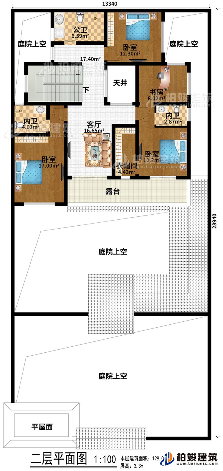 二层：平屋面、4庭院上空、3卧室、客厅、天井、衣帽间、书房、公卫、2内卫