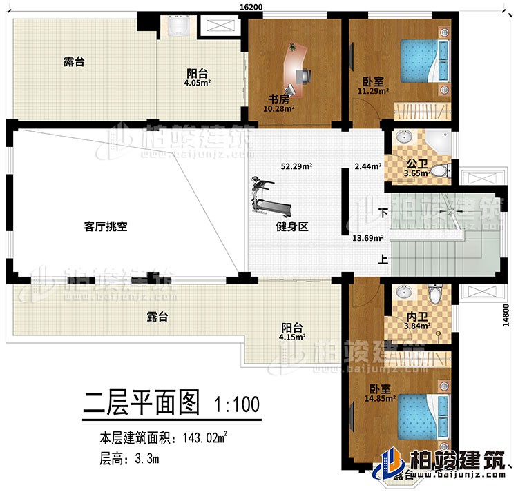 二层：健身区、客厅挑空、书房、2卧室、公卫、内卫、2阳台、3露台