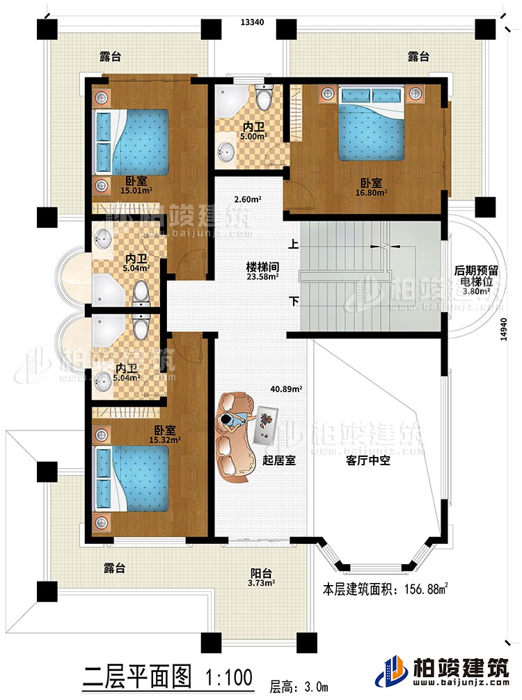 二层：起居室、客厅中空、楼梯间、3卧室、3内卫、阳台、3露台、后期预留电梯位
