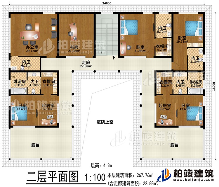 二层：办公室、书房、2起居室、3衣帽间、4卧室、2淋浴房、5内卫、走廊、2露台、庭院上空