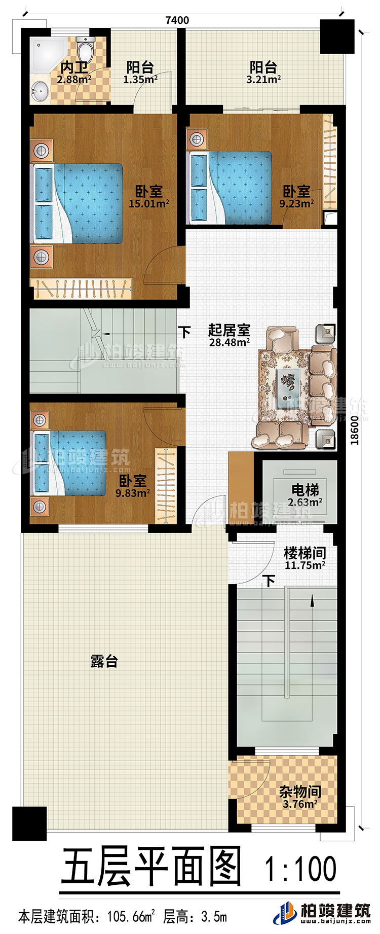 五层：起居室、3卧室、楼梯间、电梯、内卫、2阳台、露台、杂物间