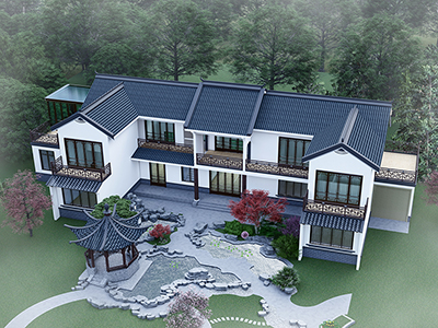 二层房屋带院子设计图BZ2624-新中式风格