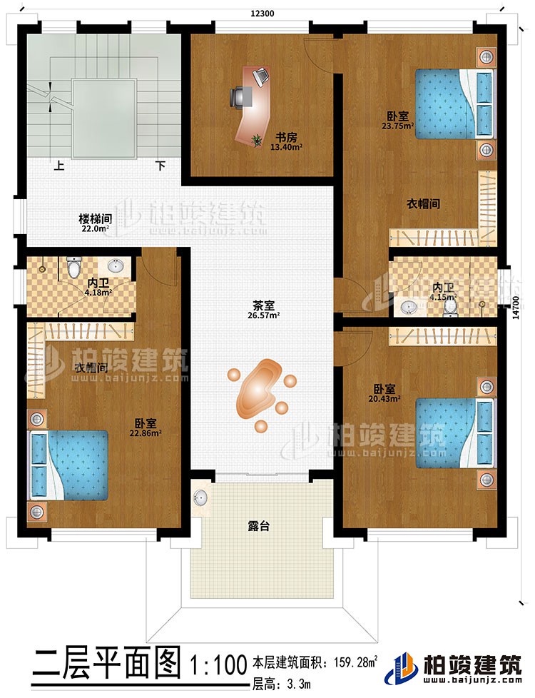 二层：3卧室、2衣帽间、2内卫、楼梯间、茶室、露台、书房