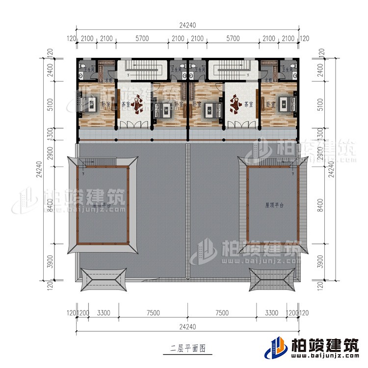 二层：2屋顶平台、2茶室、4卧室、2衣柜、4内卫