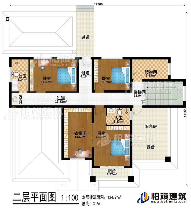 二层：3过道、楼梯间、储物间、3卧室、衣帽间、公卫、内卫、洗漱间、阳光房、阳台、露台