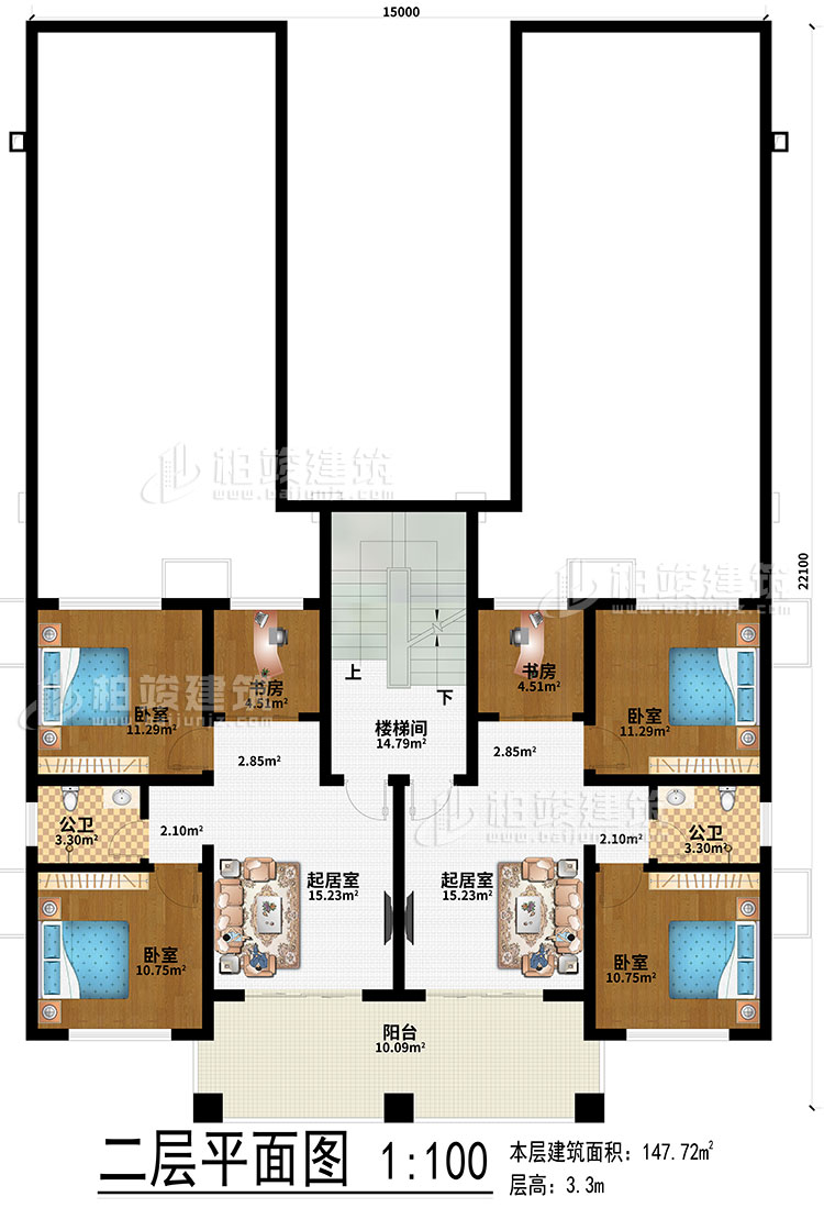二层：2起居室、2书房、4卧室、2公卫、楼梯间、阳台