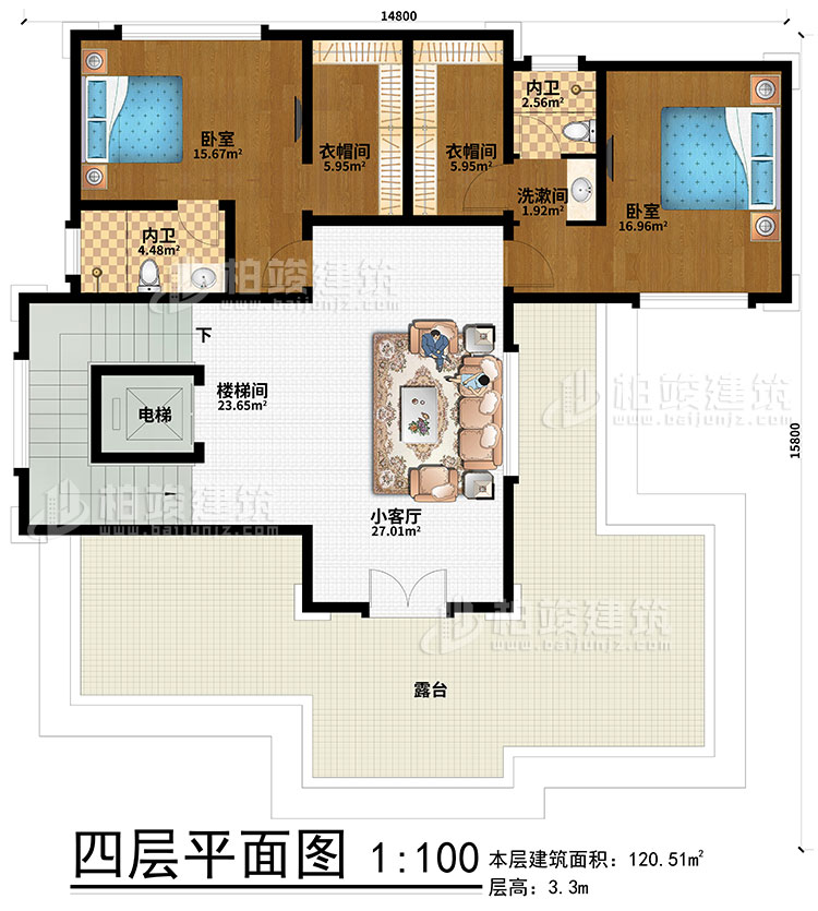 四层：2卧室、2衣帽间、2内卫、楼梯间、电梯、小客厅、露台