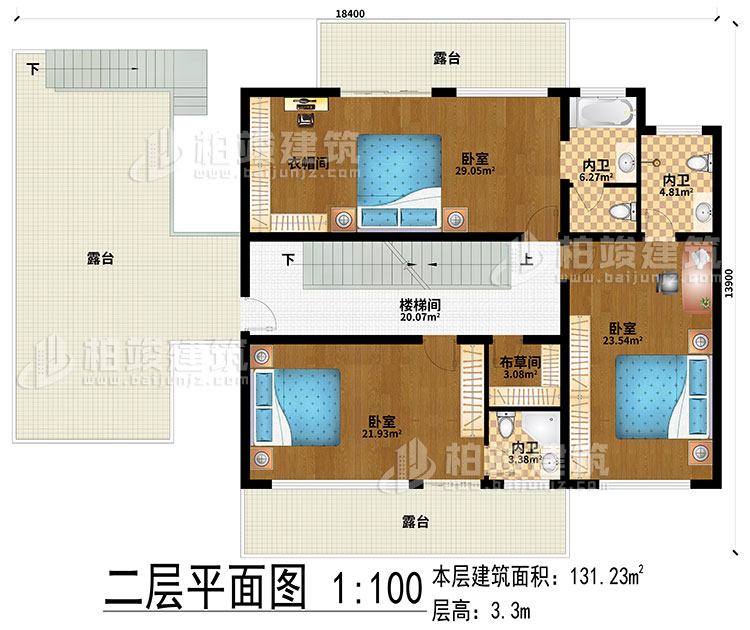 二层：楼梯间、3卧室、衣帽间、布草间、3内卫、3露台