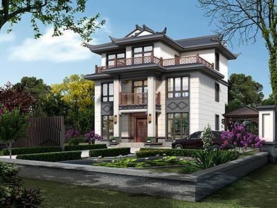 三层新中式别墅外立面效果图BZ3648-新中式风格