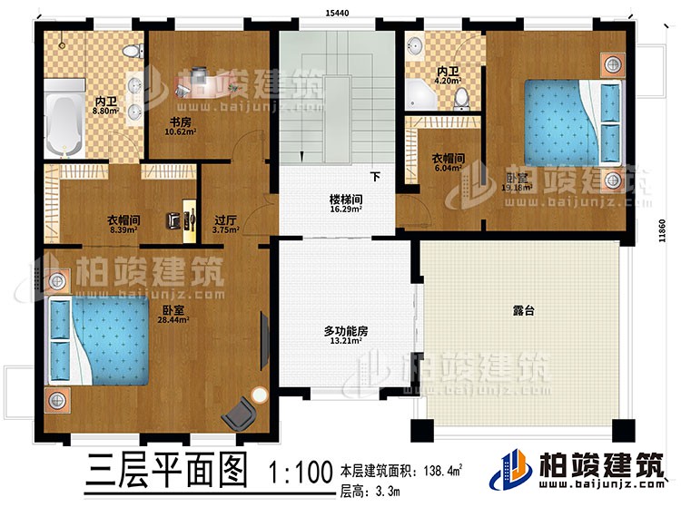 三层：2卧室、2衣帽间、过厅、书房、2内卫、多功能房、楼梯间、露台