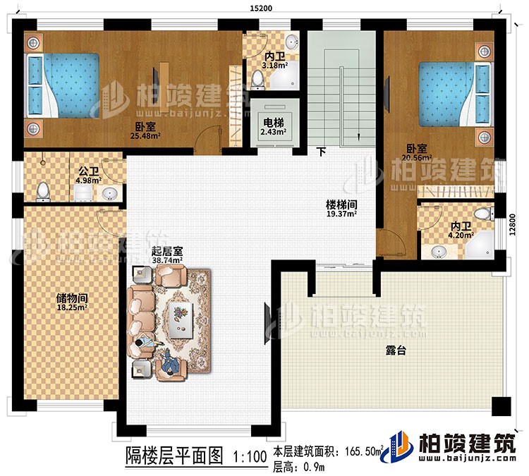 阁楼：2卧室、电梯、楼梯间、起居室、储物间、公卫、2内卫、露台