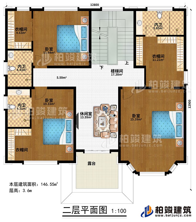二层：楼梯间、休闲室、3卧室、3衣帽间、3内卫、露台