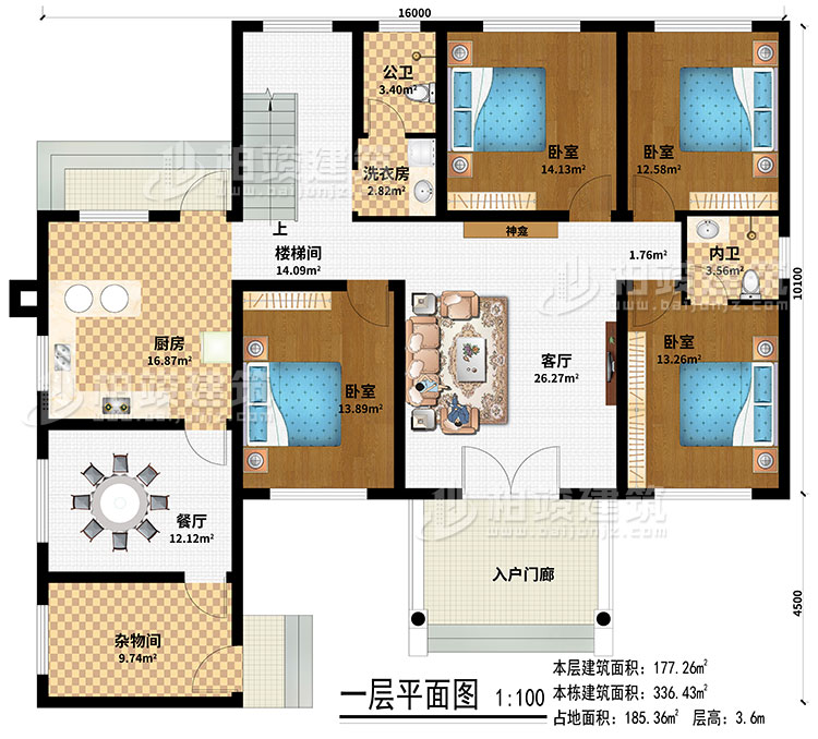 一层：入户门廊、客厅、神龛、楼梯间、厨房、餐厅、杂物间、4卧室、洗衣房、公卫、内卫