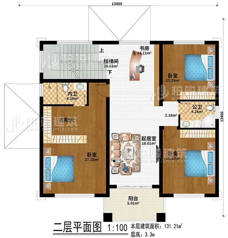 二层：室外观景露台、地下车库入口、入户门廊、玄关、客厅、神龛、茶室、楼梯间、2卧室、公卫、内卫