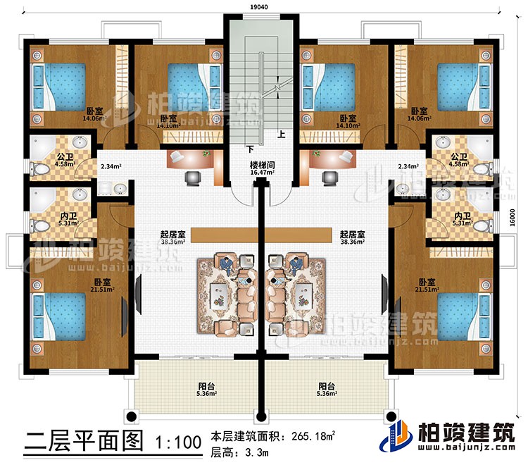 二层：2起居室、楼梯间、6卧室、2公卫、2内卫、2阳台