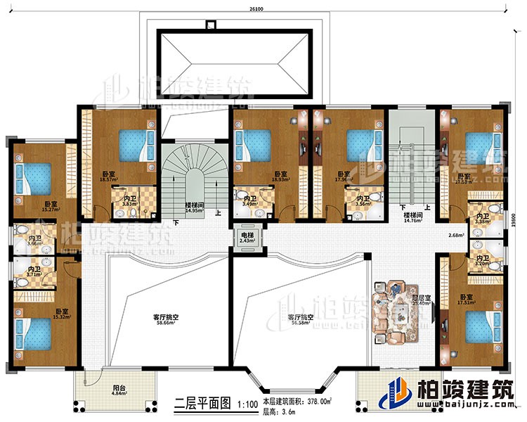 二层：2楼梯间、2客厅挑空、起居室、7卧室、7内卫、电梯、2阳台