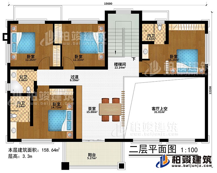 二层：楼梯间、茶室、客厅上空、4卧室、过道、公卫、2内卫、阳台